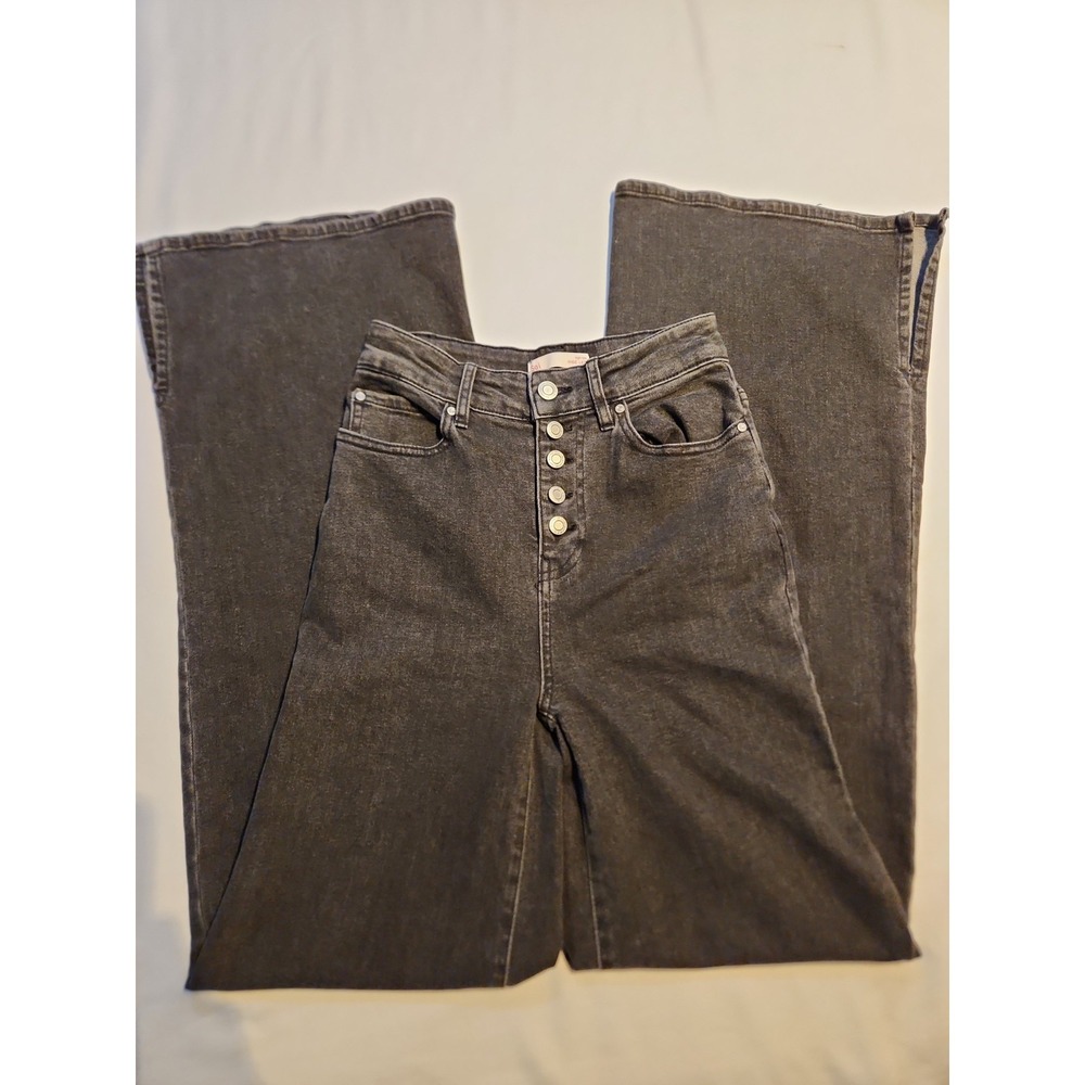 SO High Rise Wide Leg Jeans‎ Faded Black Button Fly Side Slit Denim Pants 26